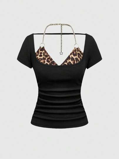 J-Fashion Camiseta ajustada con hombros abiertos y parches de estampado de leopardo para mujer