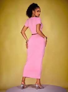 INAWLY Solva Solid Slim Fit Crop Top And Skirt Set - Pink - View 2