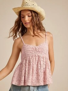 WESTFADE Áo ba lỗ Babydoll cổ chữ V ren móc xếp nếp hở lưng không tay nhún bèo cho bãi biển mùa hè ngày 4 tháng 7 - Màu Hồng baby - Xem 4