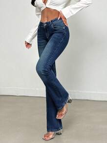 SHEIN Tall Casual Washed Low-Rise Slim Flared Jeans - Dark Wash - View 4