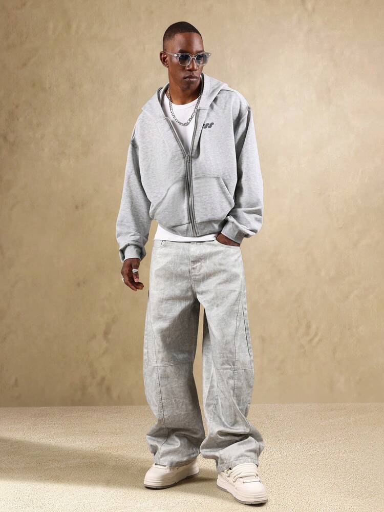 Wide Leg Gray Washed Denim With Contrast Stitching