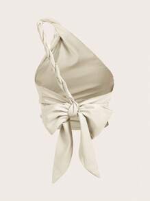 Hauture 女式夏季性感度假单肩扭纹亚麻上衣 - 杏色 - 查看 10