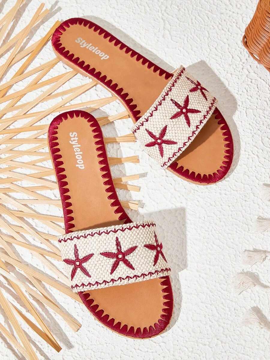 Styleloop Giày sandal đế bằng dệt kim dành cho nữ, phong cách Bohemian cho kỳ nghỉ - Màu Đỏ Sâu - Xem 1