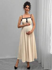 Momance 2pcs Maternity Elegant Commuter Contrast Trim Jacket & Slip Dress Set - Apricot - View 3