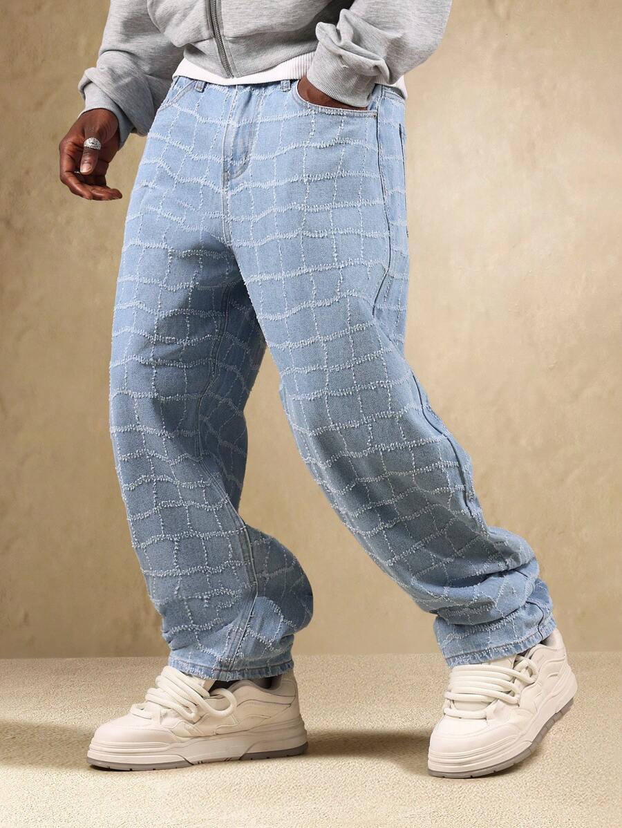 SUMWON Blugi din denim cu model în carouri, cu croială largă, stil streetwear retro, pantaloni casual de toamnă-iarnă, cu design matlasat pătrat - Albastru - Vizualizare 1