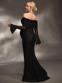 Cheriluna Maternity Elegant Off-Shoulder White Lace Long Sleeve Mermaid Maxi Dress, Suitable For Wedding, Party, Baby Shower, Maternity Photoshoot, Christening - Black - View 4