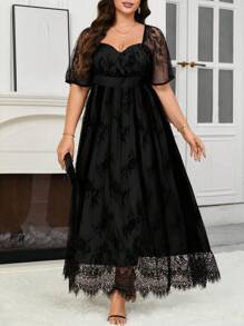 Reflora 大码优雅派对纯色蕾丝连衣裙 - 黑色 - 查看 4