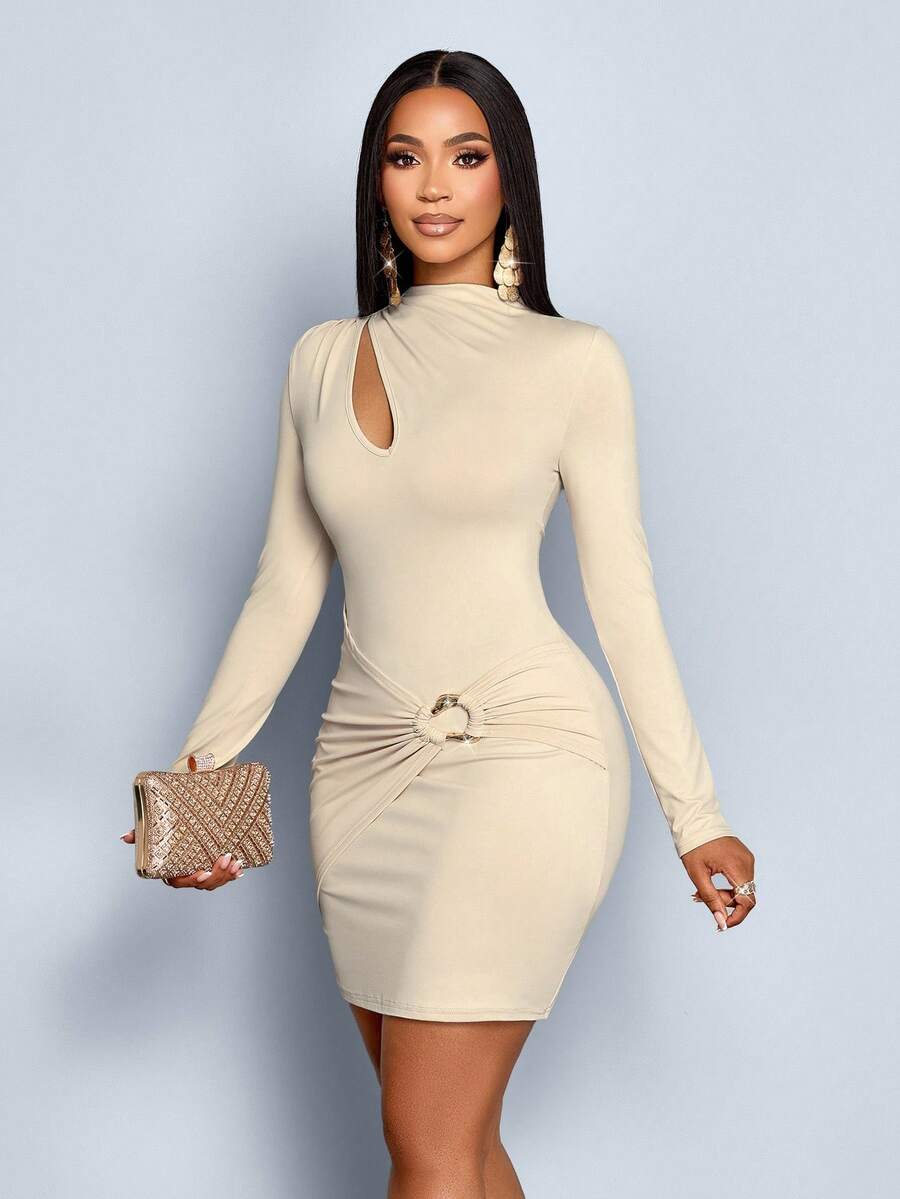 SOLERSUN 秋冬女装 派对 通勤 杏色 针织面料 长袖 小高领 立领 抽褶 百褶 胸部镂空 金属纽扣装饰 紧身性感 包臀小连衣裙 - 杏色 - 查看 1