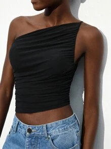 Maija New Asymmetrical Cut Asymmetric Shoulder Design Ruched Women Blouse, Spring/Summer - Black - View 5