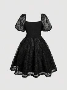 SHEIN MOD فستان قصير مطرز بأكمام منتفخة مقاس كبير، أسود، صيفي، تصميم مزين بفيونكة ساتان، أنيق، رسمي، للسهرة، الحفلات والمناسبات والولائم بطراز النهضة - الأسود - مشاهدة 3