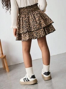 Maija Kids Maija Kids 年轻女孩夏季休闲时尚街头豹纹抽绳高腰双褶边下摆迷你裙 - 咖啡棕 - 查看 2