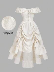 SHEIN MOD Plus Size Black Velvet Asymmetrical Hem Tie Waist Dress, Jacquard Waistband, Vintage Palace Style, Suitable For Graduation Season, Summer - Beige - View 2