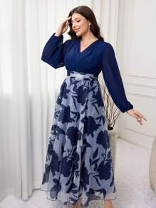 Modelyn Plus Size Elegant Floral Print Patchwork Dress - Navy Blue - View 7
