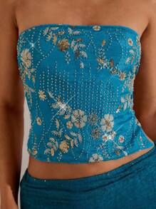 Opulessa Women's Sequin Decorated Floral Vintage Cropped Camisole Top - Purple - View 3
