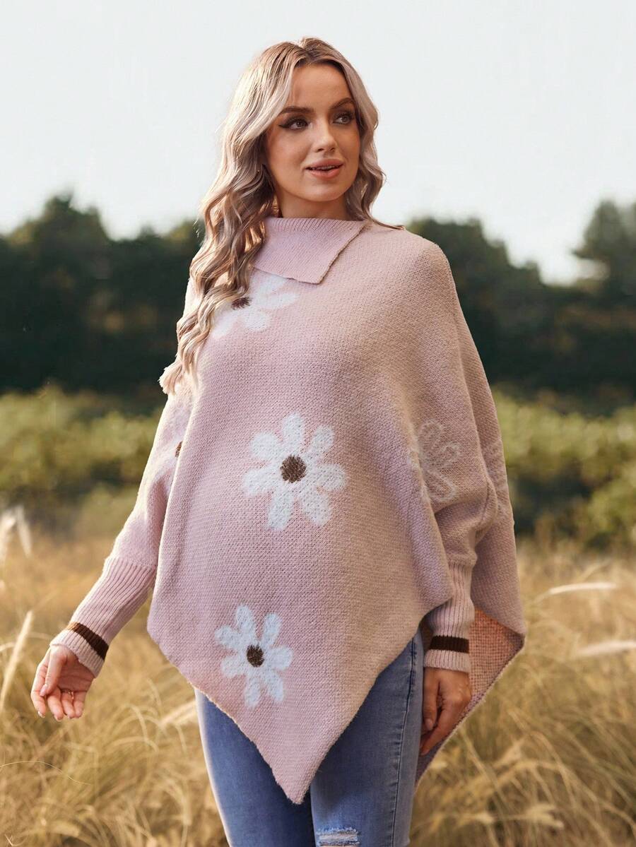 SHEIN 孕妇休闲不对称下摆长袖毛衣 - 藕粉色 - 查看 1