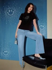 S.W.Smiley x MOTF PREMIUM 水钻细节毛边直筒牛仔裤 - 淺藍色 - 查看 4