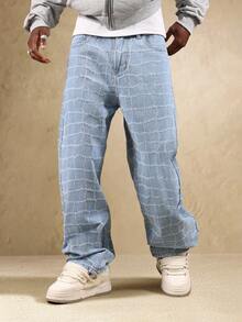 SUMWON Blugi din denim cu model în carouri, cu croială largă, stil streetwear retro, pantaloni casual de toamnă-iarnă, cu design matlasat pătrat - Albastru - Vizualizare 4