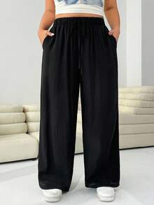 SHEIN EZwear Plus Size Women Casual Loose Drawstring Wide Leg Pants Leopard Pants Lounge Pants - Multicolor - View 8