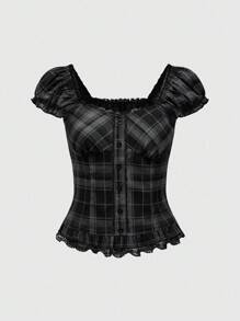 Goth Spring/Summer Carnival Party Casual Plaid Black Plus Size College Style Contrast Lace Ruffle Hem Blouson Sleeve Plaid Blouse - Multicolor - View 1