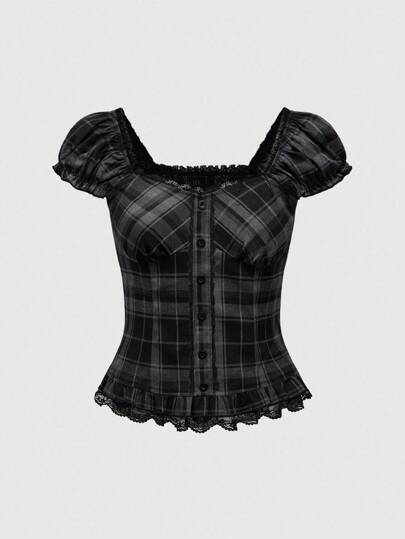 Goth Plus Size College Style Contrast Lace Ruffle Hem Blouson Sleeve Plaid Blouse