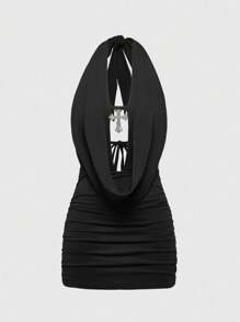 ROMWE Grunge Punk Sexy Millennium Pendant Cross Strap Draped Neck Dress For Plus Size Women - Black - View 1