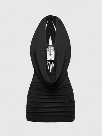 Grunge Punk Sexy Millennium Pendant Cross Strap Draped Neck Dress For Plus Size Women