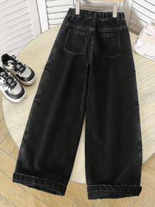 时尚少女牛仔裤，带有可爱的刺绣蝴蝶结设计，适合日常穿着 - 黑色 - 查看 2