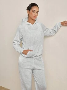 INAWLY Solva 2pcs Women's Solid Color Dropped Shoulder Long Sleeve Kangaroo Pocket Hoodie And Sweatpants Casual Loose Suit, Autumn Winter