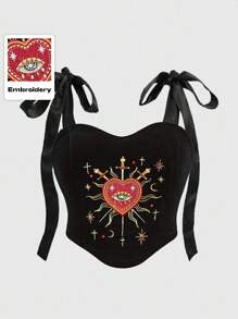 ROMWE Goth 大码女式哥特洛丽塔风格心形刺绣水钻水晶泪滴星形装饰方领系带吊带露脐上衣，情人节款 - 黑色 - 查看 1
