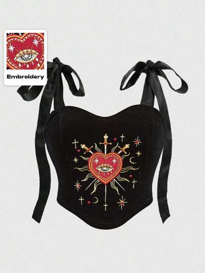 Plus Size Women Gothic Lolita Style Heart Embroidery Rhinestone Crystal Teardrop Star Decor Square Neck Lace-Up Camisole Crop Top