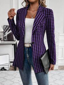 SHEIN Clasi Blazer de talle ceñido con estampado de pata de gallo de moda para otoño/invierno - Morado - Ver 10