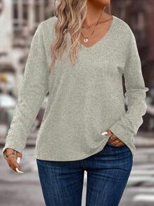 INAWLY Women's Plus Size V-Neck Long Sleeve Dropped Shoulder Loose Soft Knit Sweater, Autumn/Winter Fall Cloth For Women - Apricot - View 4