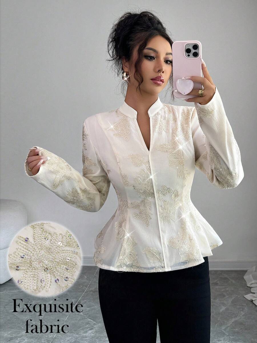 Elenzga 女式优雅刺绣亮片蕾丝花边腰部纹理面料纯色长袖衬衫，秋季