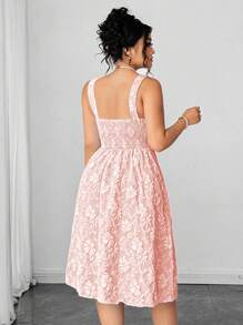 Elenzga Đầm hai dây họa tiết vải jacquard cổ chữ V cỡ lớn cho nữ, thiết kế eo, phong cách nghỉ dưỡng thường ngày - Màu Hồng baby - Xem 2