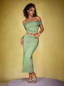 INAWLY Women's Solid Color Ruched Top And Skirt 2 Pieces Set - Green - View 4