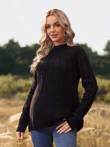 SHEIN Maternity Twist Cable Pattern Raglan Sleeve Casual Versatile Sweater - Black - View 1