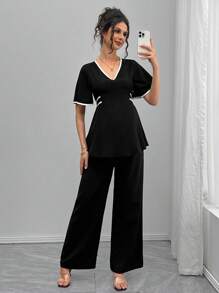 Momance Elegant Solid Color Fitted Shirt And Straight Leg Pants 2 Pieces Maternity Set - Black - View 2