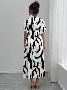 SHEIN Maternity Summer Fashion Color Block Print Split Dress - Black and White - View 2