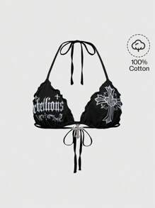 ROMWE Grunge Punk Bikini de top con estampado de cruz gótica con pedrería, talla grande, estilo Y2K - Negro - Ver 1