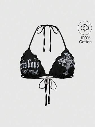 Grunge Punk Bikini de top con estampado de cruz gótica con pedrería, talla grande, estilo Y2K
