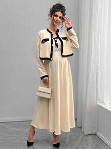 Momance 2pcs Maternity Elegant Commuter Contrast Trim Jacket & Slip Dress Set - Apricot - View 1