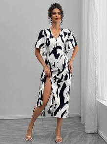 SHEIN Maternity Summer Fashion Color Block Print Split Dress - Black and White - View 3