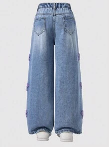 Jeans per ragazze taglie forti, design casual alla moda, toppe con fiocco viola dolce e ricamo a tovagliolo, vita media, pantaloni in denim blu slim fit
