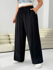 SHEIN EZwear Plus Size Women Casual Loose Drawstring Wide Leg Pants Leopard Pants Lounge Pants - Multicolor - View 7