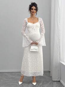 SHEIN Solid Color Lace Long Flare Sleeve Square Neck A-Line Fitted Maternity Dress - White - View 5