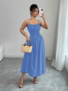 Elenzga 女士休闲咖啡色舒适亚麻前蝴蝶结腰部收褶大摆吊带连衣裙，春夏 - 藍色 - 查看 3