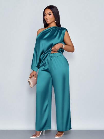SOLERSUN Women's Fashionable Solid Color Elegant Ruched Asymmetrical Neck Stylish And Sophisticated Batwing Sleeve Asymmetrical Hem Satin Blouse & Straight-Leg Elegant Long Pants Sets