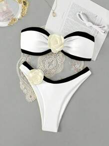 Swim Chiccia Bộ bikini họa tiết hoa trang trí bãi biển màu sắc cho nữ - Đen và trắng - Xem 1