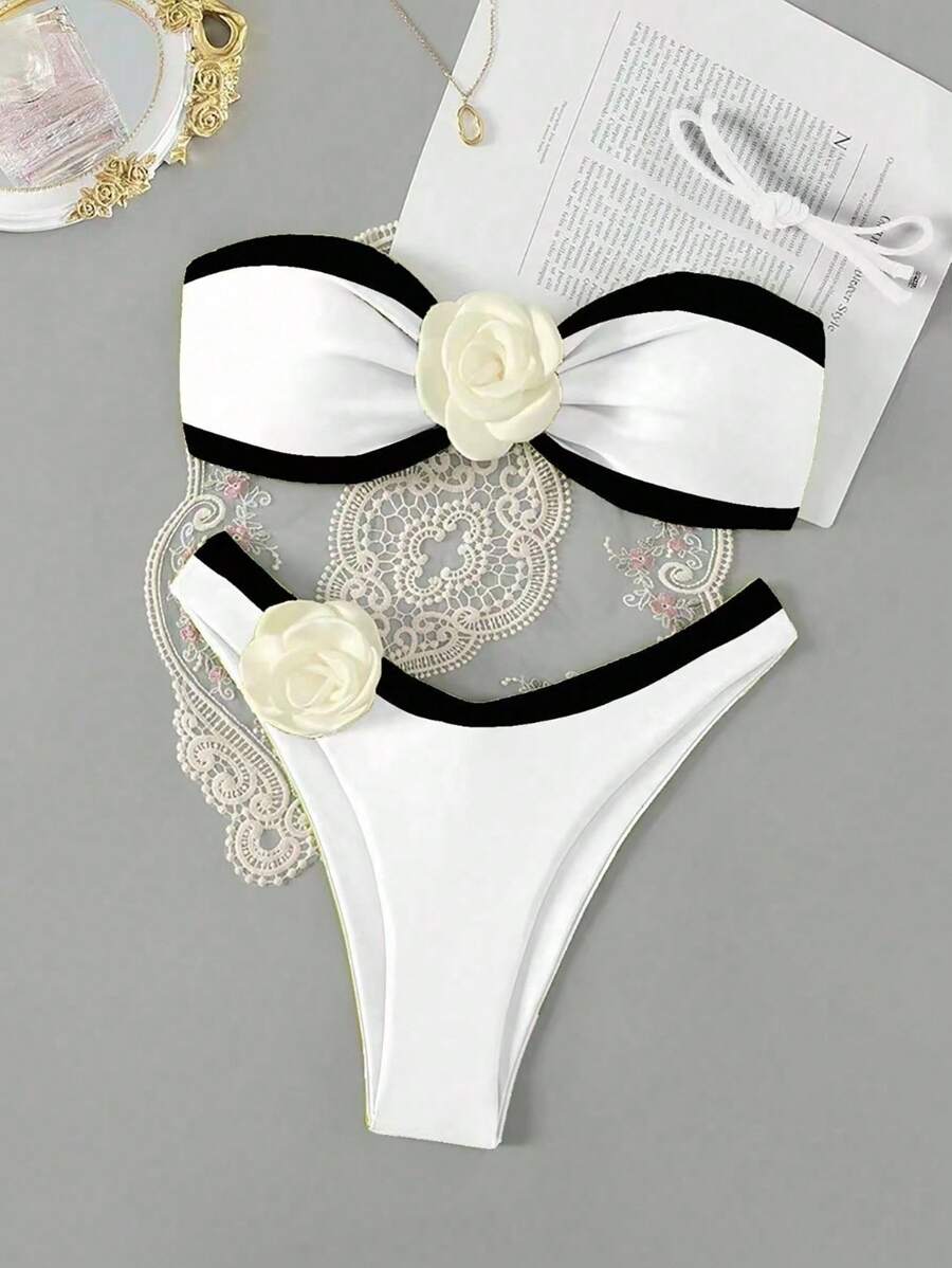 Swim Chiccia Bộ bikini họa tiết hoa trang trí bãi biển màu sắc cho nữ - Đen và trắng - Xem 1