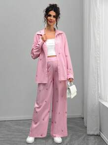 Momance Elegant Casual Butterfly Print Pink Long Cardigan Maternity Set